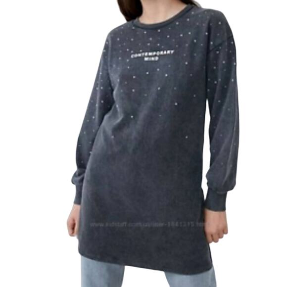 Zara Gray Studded Slogan "Contemporary Mind" Sweatshirt Dress Tunic Women's S - Picture 1 of 10
